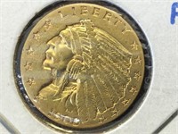 1908 GOLD INDIAN HEAD $2 1/2 coin