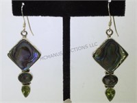 Sterling ,abolone & green gemstone earrings