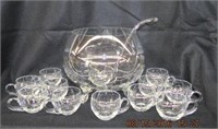 Crystal footed punch bowl, cups and ladle