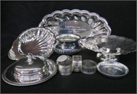 Silver butter dish, bread tray, napkin rings etc