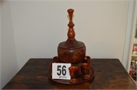 Old Wooden Decanter, Tray & 6 Cups