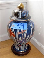 18" Covered porcelain urn with wooden stand