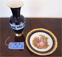 9.75" Limoges cobalt blue porcelain dish and 11"