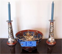 Chinese porcelain candlesticks and decorative bowl