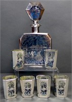Intricate Blue Glass & Silver Overlay Cordial Set