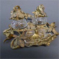 19th Century Bronze and Cut Crystal Floral Inkwell