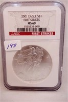 2001 SILVER EAGLE $1 NGC GRADED MS69 - FIRST
