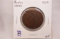 1839 BOOBY HEAD LARGE CENT   PQ    VF