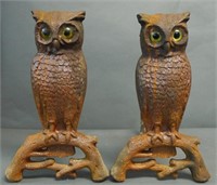 Pair Cast Iron Owl Andirons
