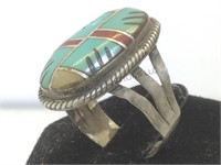 Sterling & inlaid turquoise, onyx coral & mop