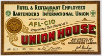 Tin Sign AFL-CIO Hotel Restaurant Bartenders Union