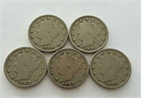 1900 1901 1902 1903 1904 Liberty V Nickel Coins