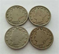1910 1911 1912 1912-D Liberty V Nickel Coins