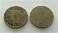 1892 and 1893 Liberty V Nickel Coins
