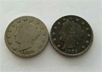 1889 and 1891 Liberty V Nickel Coins
