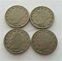 1906 1907 1908 1909 Liberty V Nickel Coins