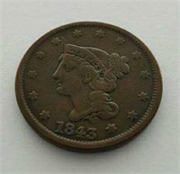 1843 Braided Hair Large Cent Coin