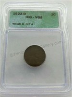 1922-D Lincoln Wheat Cent Weak D VG 8 Penny Coin