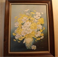 Floral lithograph by Marion Price in wood frame