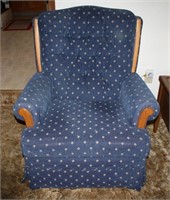 Recliner with navy & tan print corduroy upholstery