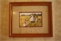 Framed print of girls & wild flowers, matted