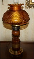 Table lamp, amber globe  with wood & brass base
