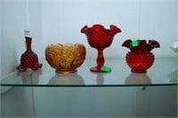 4 Art Glass Pcs Incl. Ruby Bell, Hobnail Pedestal