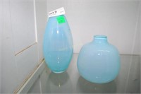 2 Polish Blue Opalescent Art Glass Vases