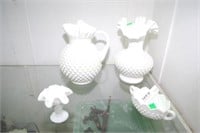 4Pcs Hobnail Milk Glass: Vase, Pitcher, Sm Vase &