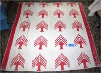 Red and white hand sewn quilt, 68"x70"