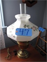 Electrified oil lamp with hand painted shade