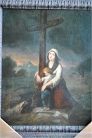 Antique Swiss Woman Child Cross Oil