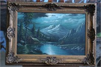 Antique Oil on Canvas Mountain Landscape