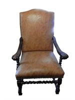 Antique Tooled Leather High Back Armchair