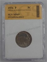 1936 Buffalo Nickel 5 Cent Coin in Graded Holder