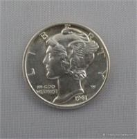 1941-D Mercury Unc. Silver Dime Coin