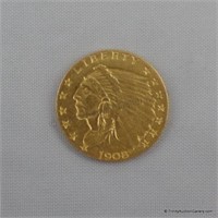 1908 Gold Indian $2 1/2 Dollar Quarter Eagle Coin
