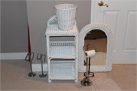 Bathroom: Wicker Shelf, Mirror, Waste Basket, and