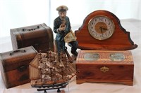 Old Man and Sea - Figurine Sailboat Treasure Chest