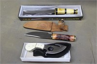 (2) HAND MADE FIXED BLADE KNIVES AND (1) CHIPAWAY