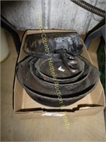 Box of 8 cast iron pans