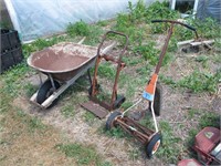 Lot, Scott's reel mower, 2-wheeled hand cart and