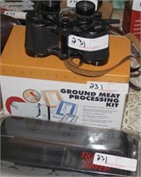 binoculars, ground meat processing kit, New