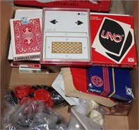 box lot playing cards, Parcheesi, weather radio,