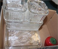 4 pc glass refrig dish set, milk glass strawberry,