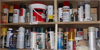 Contents of shelves-dz cans spray paint, stains