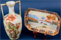 Lot of 2 Antique Nippon Porcelain Vase & Tray