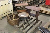 (2) END TABLES, CLAWFOOT STOOL AND BASKETS