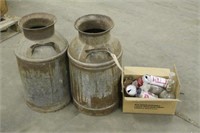 (2) MILK CANS, VINTAGE BEER CANS AND GLASS