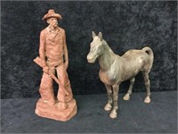 Signed Cowboy Sculpture and Metal Horse